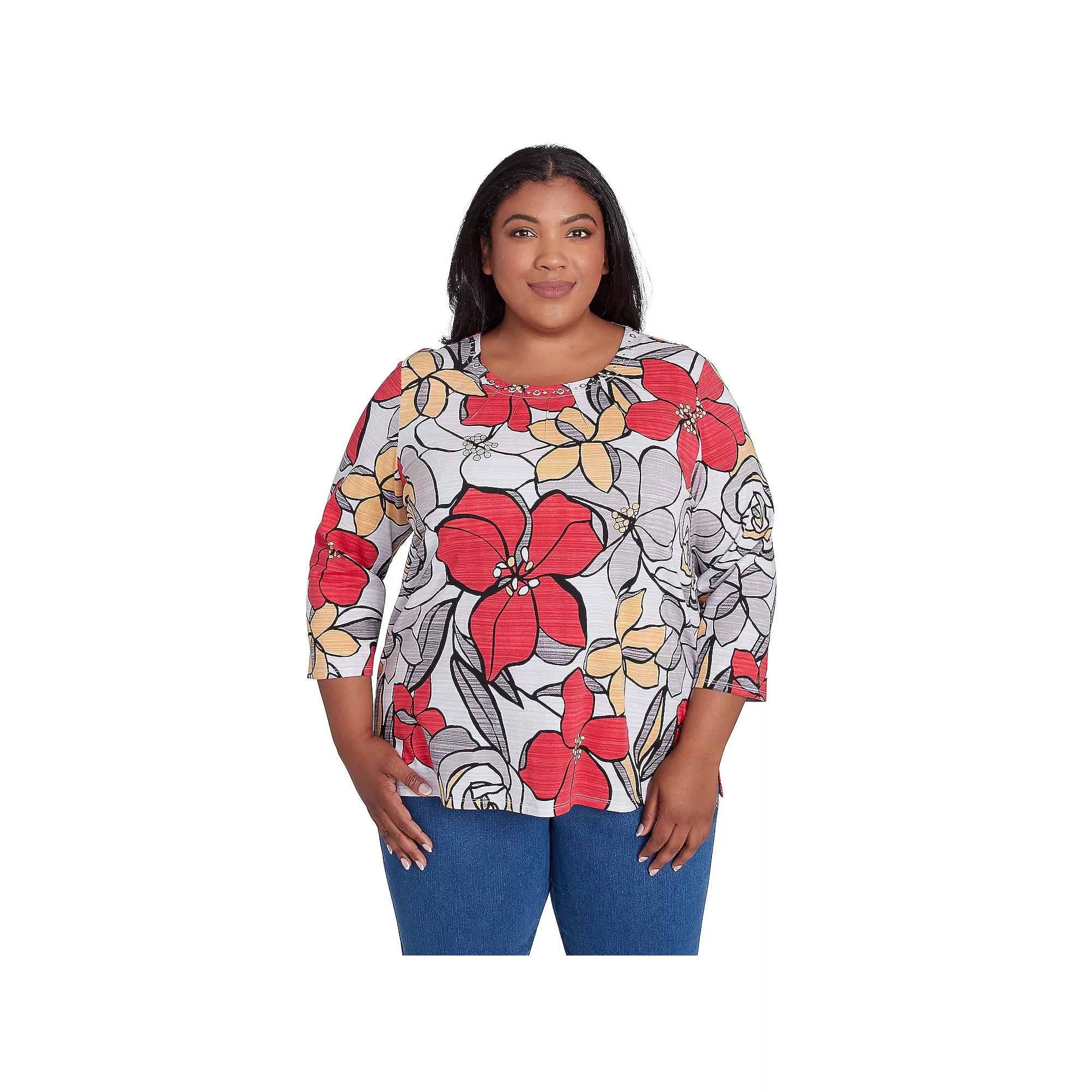 Plus Size Alfred Dunner Bold Floral Print Tee, Women's, Size: 2XL, Multi Red Product Image