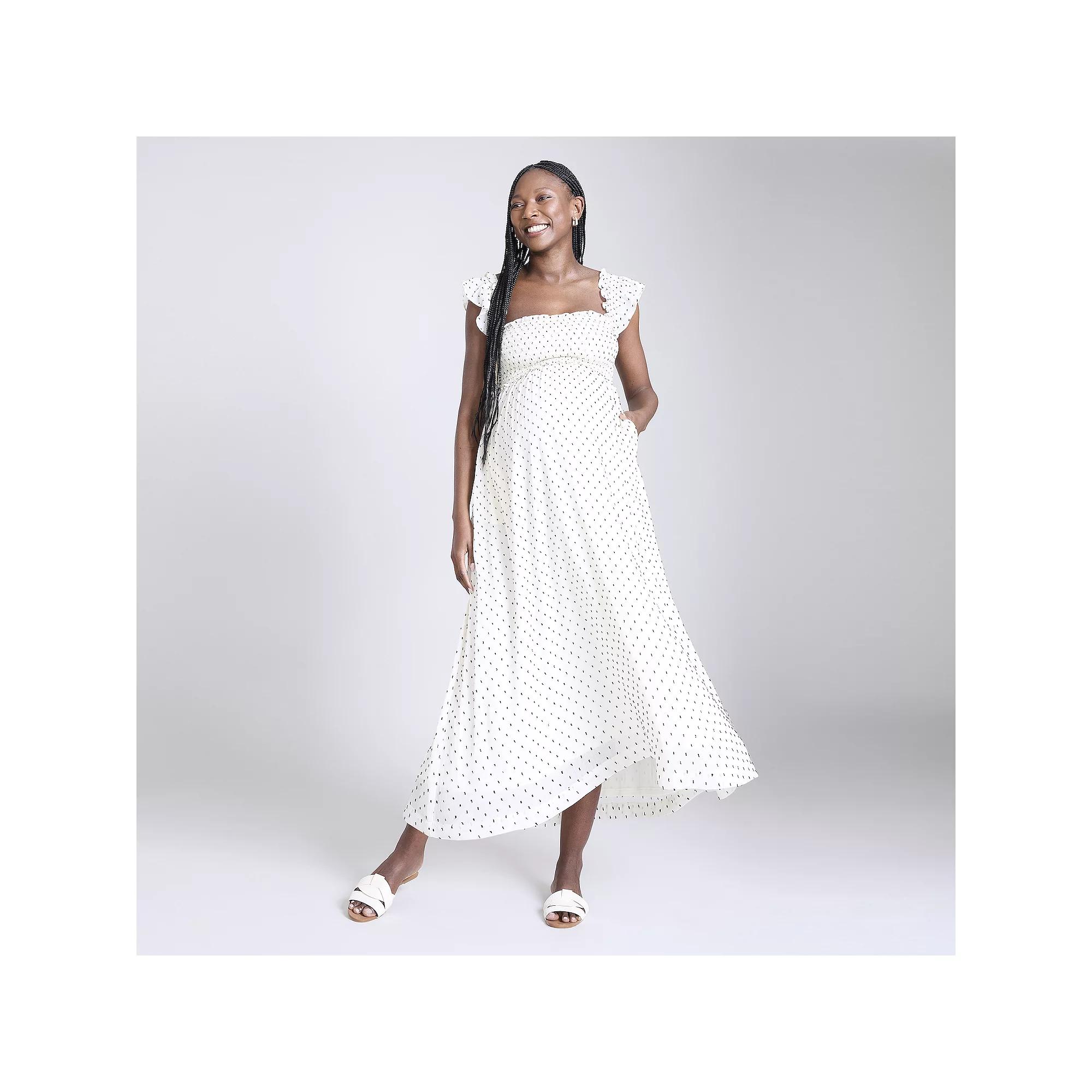 Maternity Motherhood® Sleeveless Ruffle Shoulder Smocked Dress, Women's, Size: XS-MAT, White Clip Dot Product Image