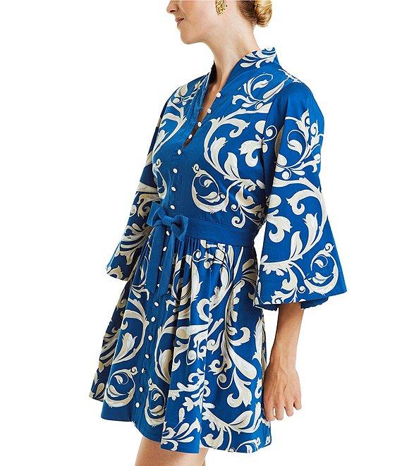 Mestiza New York Carmen Sateen Scroll Print Mandarin Collar 3/4 Full Sleeve Mini A-Line Dress Product Image