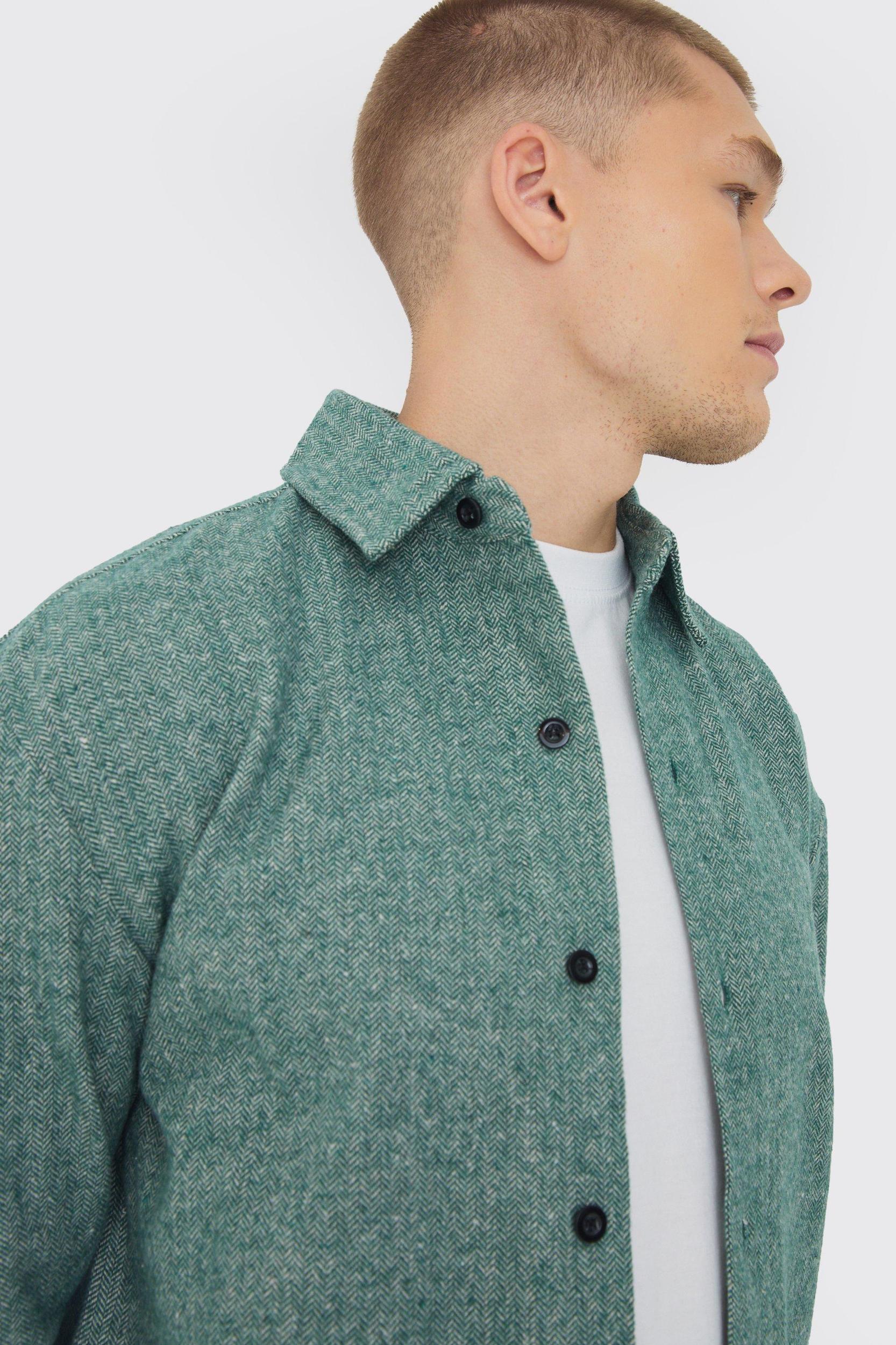 Regular Herringbone Long Sleeve Shirt Jacket | boohooMAN USA Product Image