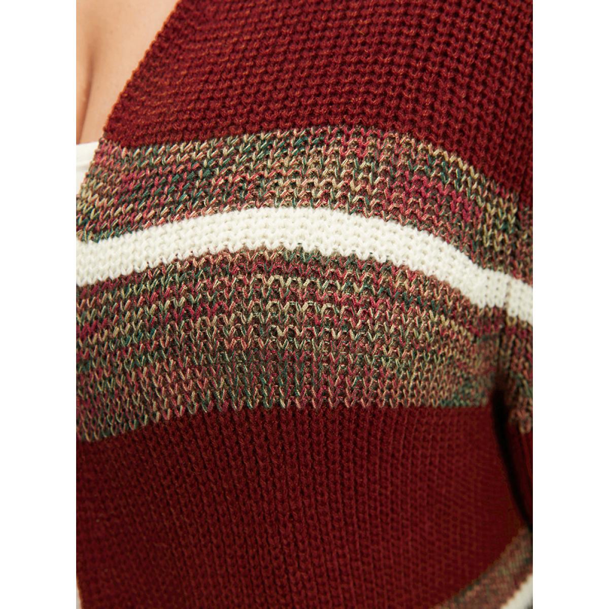 Plus Size Striped Contrast Pointelle Knit Open Front Heather Cardigan Burgundy Women Casual Loose Long Sleeve Dailywear Cardigans BloomChic 26/4X Product Image