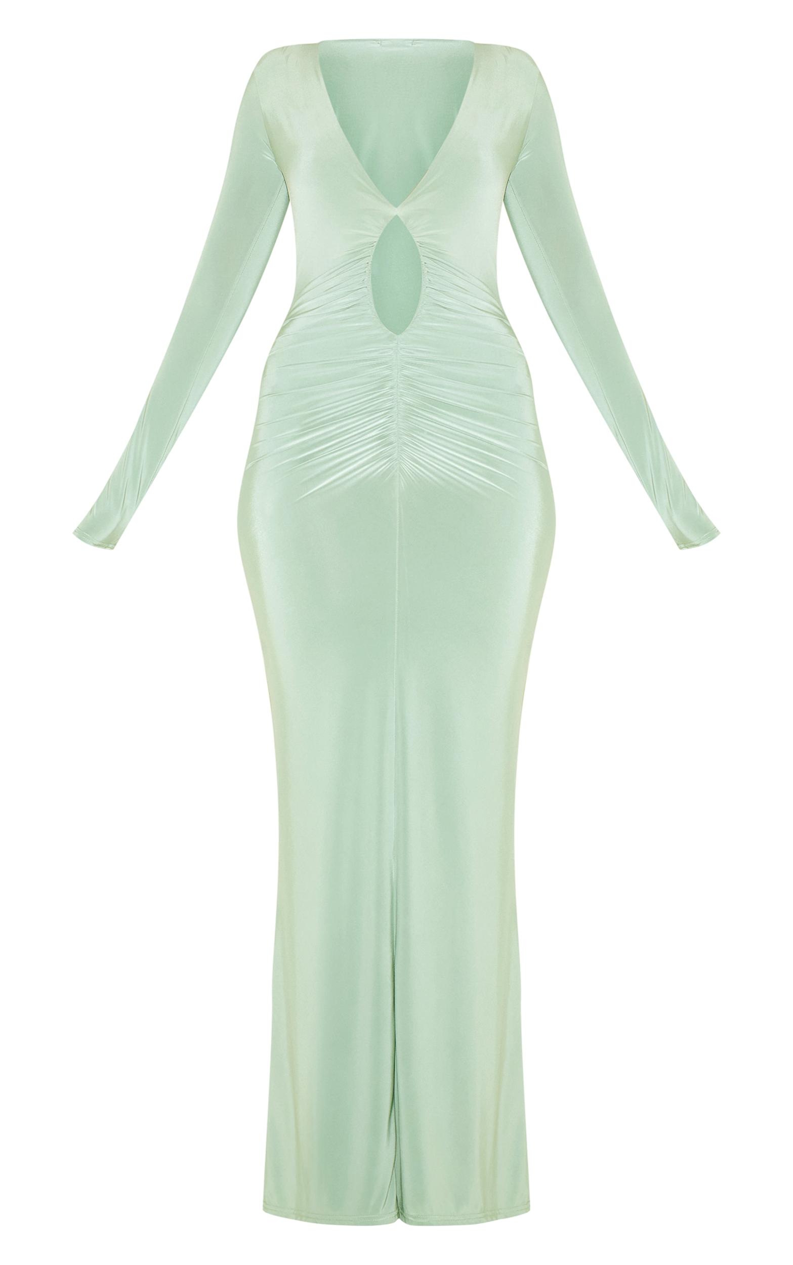  Sage Green Double Layer Plunge Ruched Maxi Dress Product Image