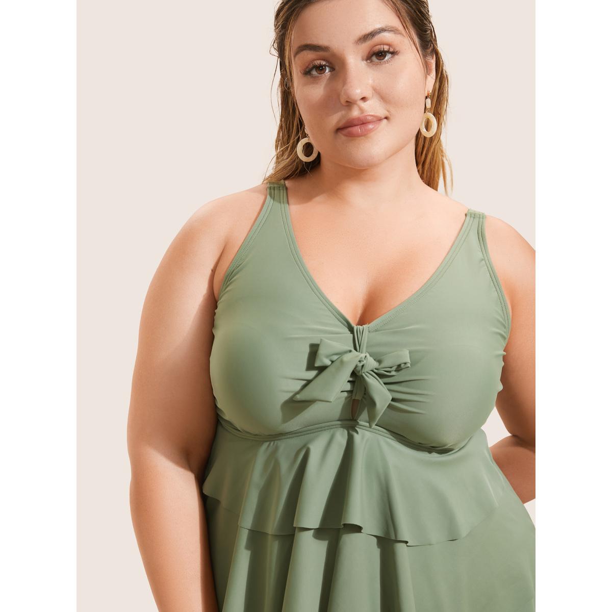 Plus Size Knotted Front Ruffle Tiered Tankini Top Women's Swimwear ArmyGreen Beach Ruffles High stretch Bodycon V-neck Curve Swim Tops BloomChic 26/4X Product Image