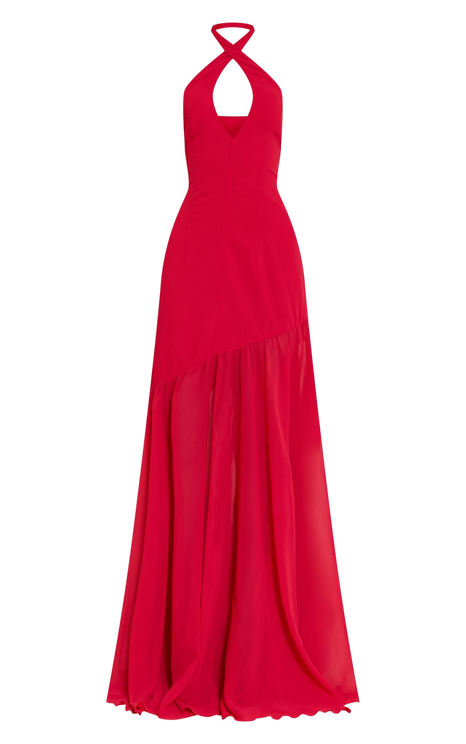  Red Chiffon Halterneck Dropped Waist Maxi Dress Product Image