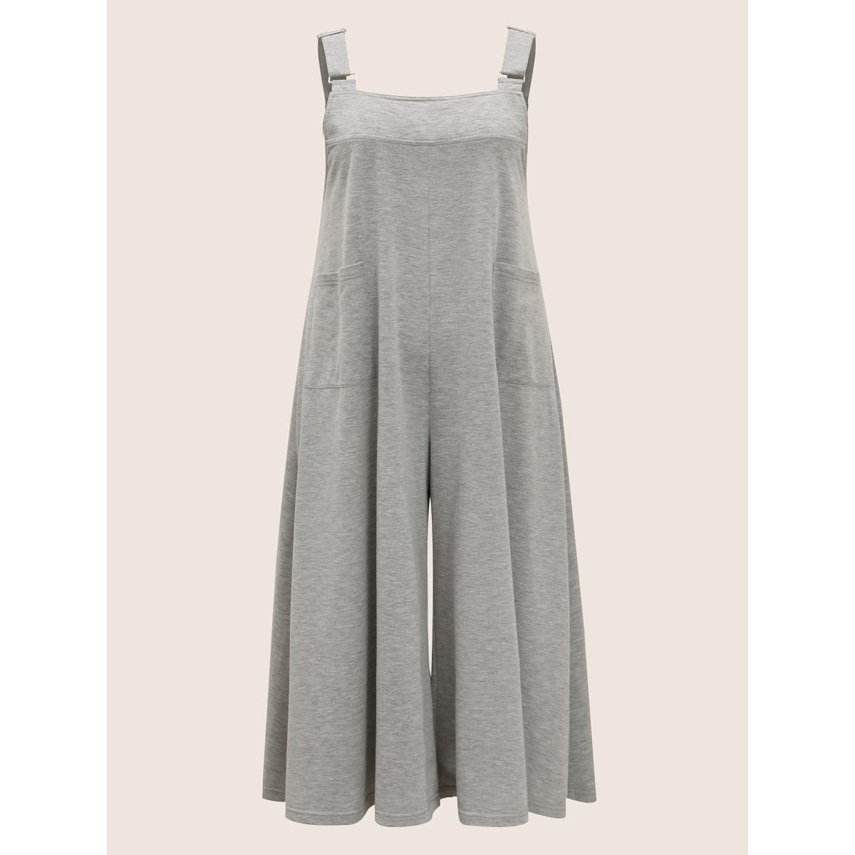 Plus Size Silver Solid Heather Patched Pocket Wide Leg Jumpsuit Women Casual Sleeveless Square Neck Everyday Loose Jumpsuits BloomChic 12/L Product Image