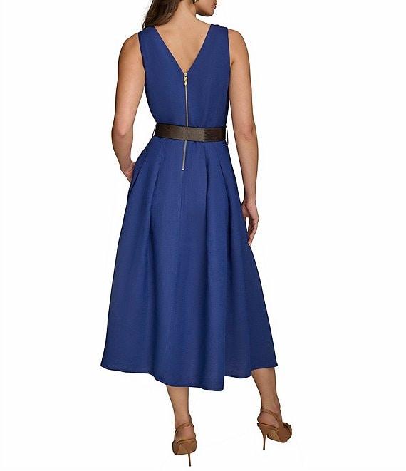 Donna Karan V-Neck Sleeveless Belted Linen A-Line Midi Dress Product Image