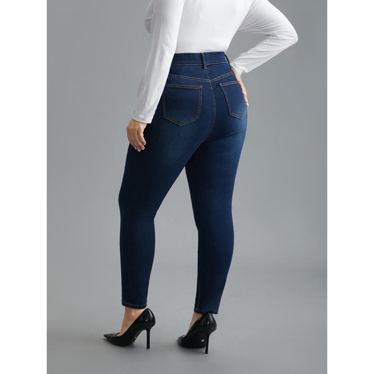 Plus Size Elastic Waist Mid Rise Skinny Jeans Women Denimindigo Elegant Medium stretch Slanted pocket Jeans BloomChic 30/6X Product Image