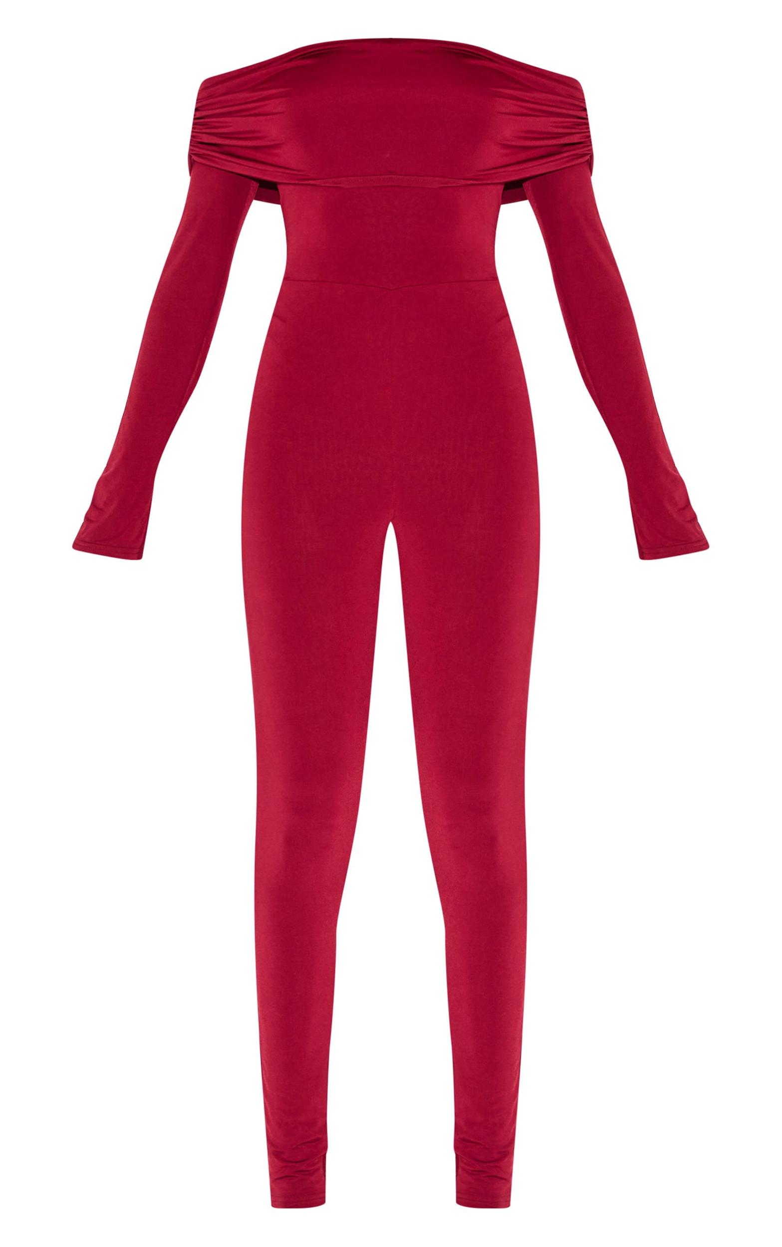  Burgundy Double Layer Slinky Bardot Skinny Jumpsuit Product Image