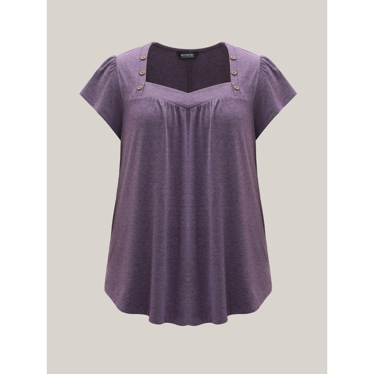 Plus Size Pleated Shoulder Button Plain Relaxed T-Shirt Mauve Women Leisure Gathered Heart neckline Loose Casual T-shirts BloomChic 10/M Product Image