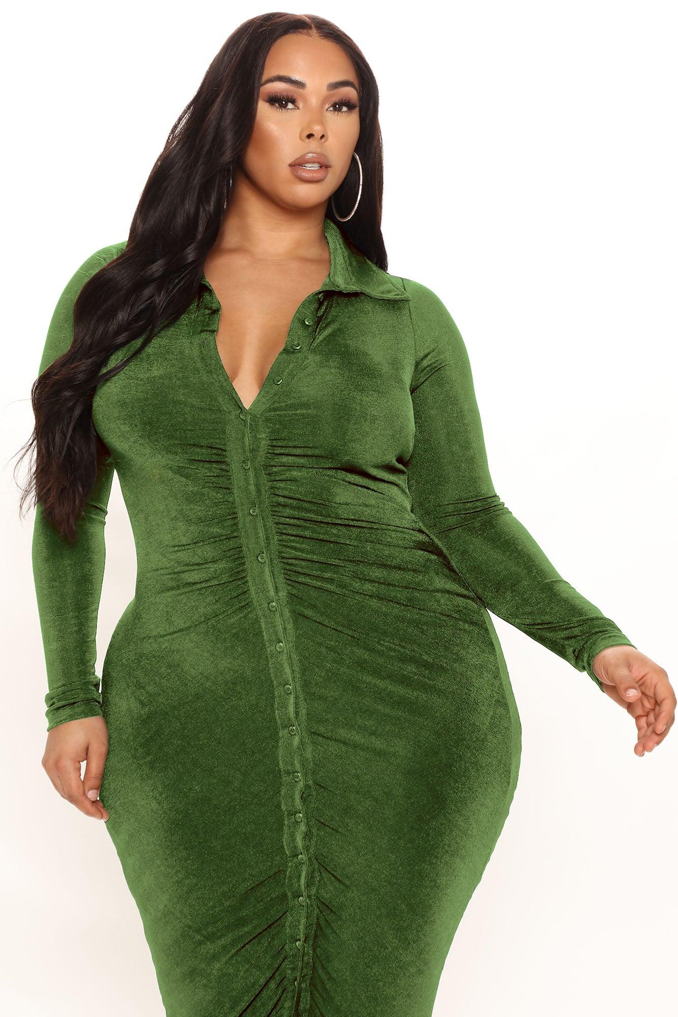 Silky Smooth Long Sleeve Slinky Dress - Olive Product Image
