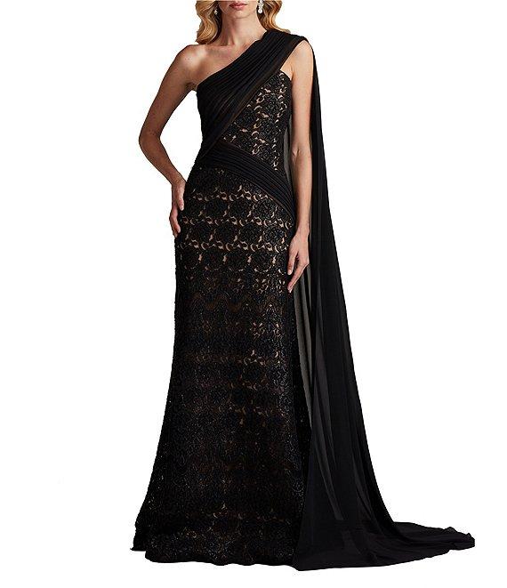 Tadashi Shoji Pleated Draped One Shoulder Lace Sheath Gown Product Image