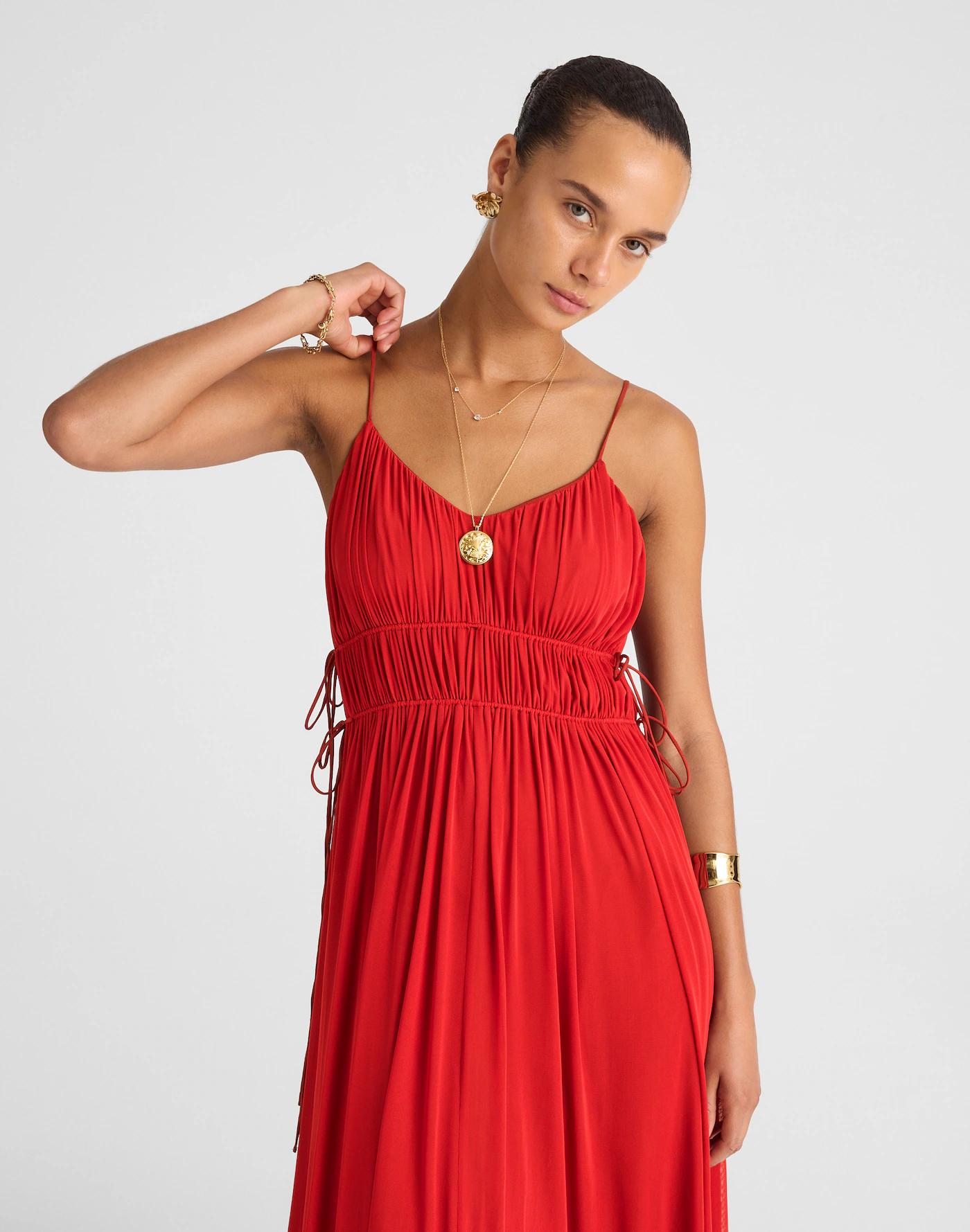 Gathered V-Neck Midi Dress Product Image