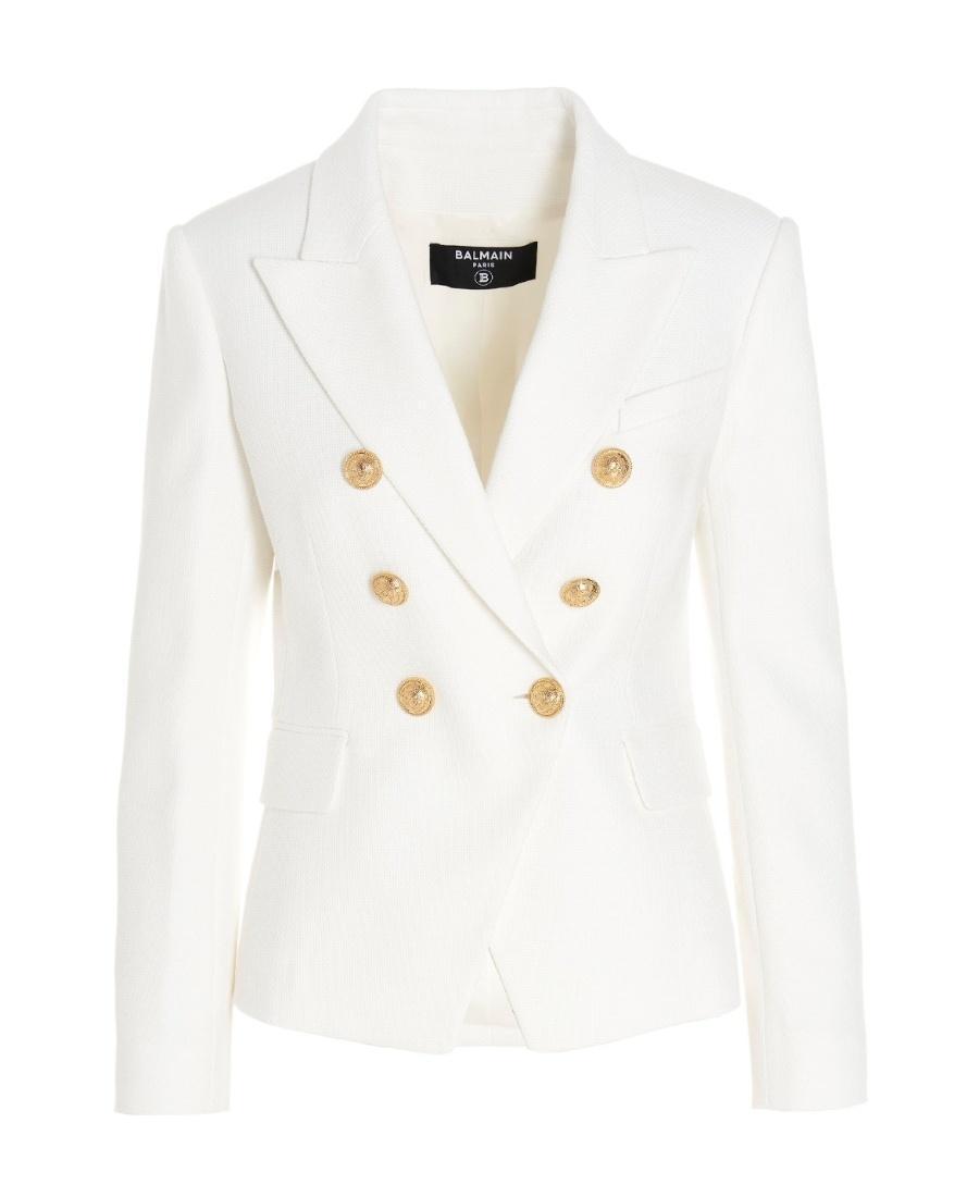 BALMAIN Double-breasted Structured Denim Blazer With Peak Lapel In White Product Image