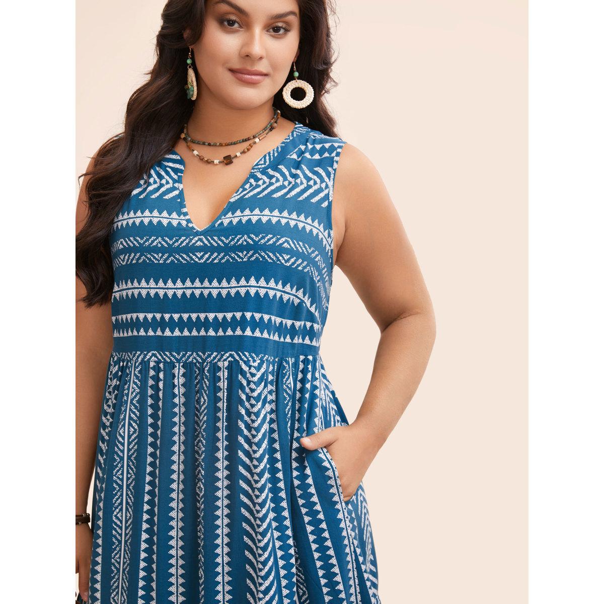 Plus Size Striped Geometric Pocket Ruffle Hem Sleeveless Tank Dress Aegean Women Casual Non V-neck Sleeveless Curvy BloomChic 26/4X Product Image