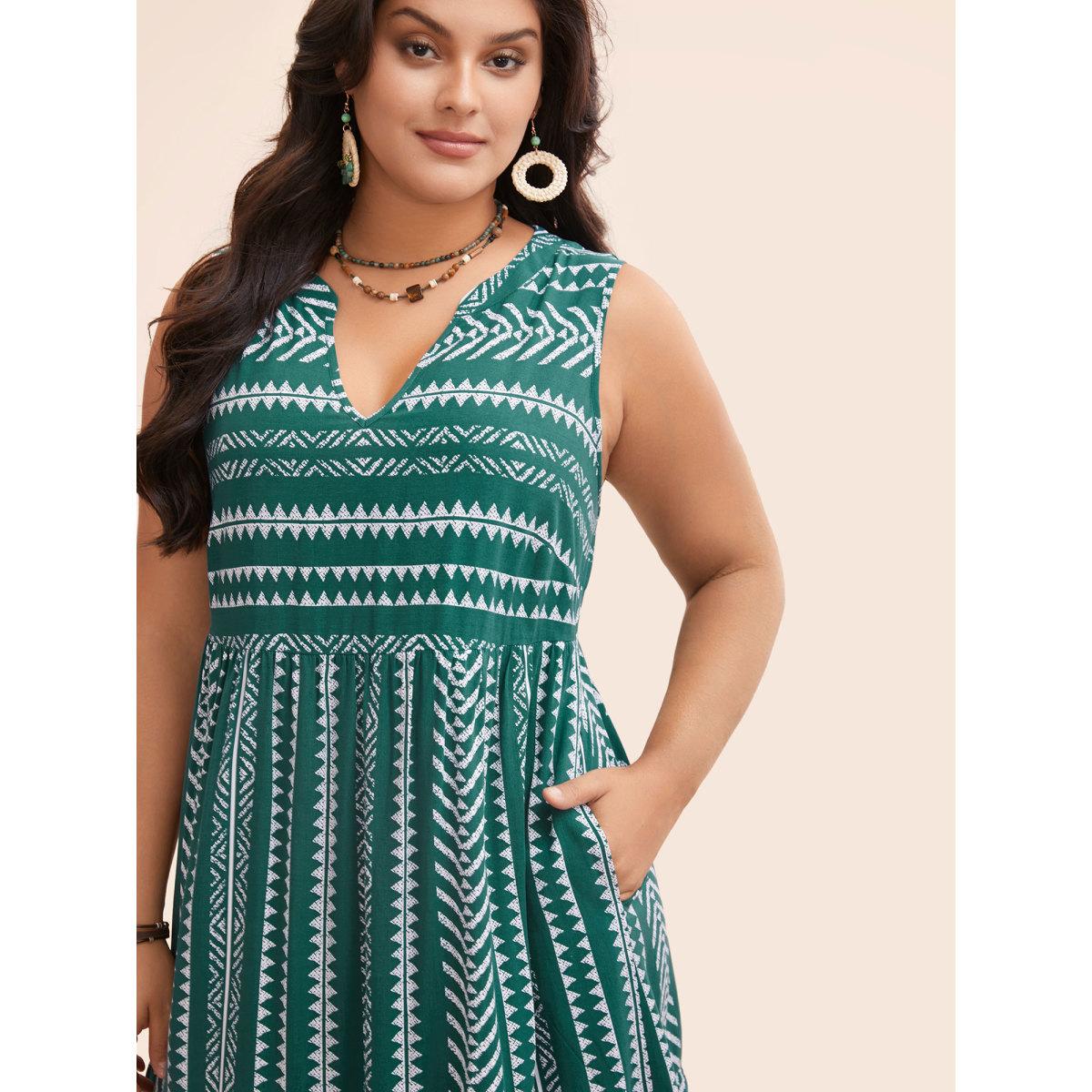 Plus Size Striped Geometric Pocket Ruffle Hem Sleeveless Tank Dress DarkGreen Women Casual Non V-neck Sleeveless Curvy BloomChic 26/4X Product Image