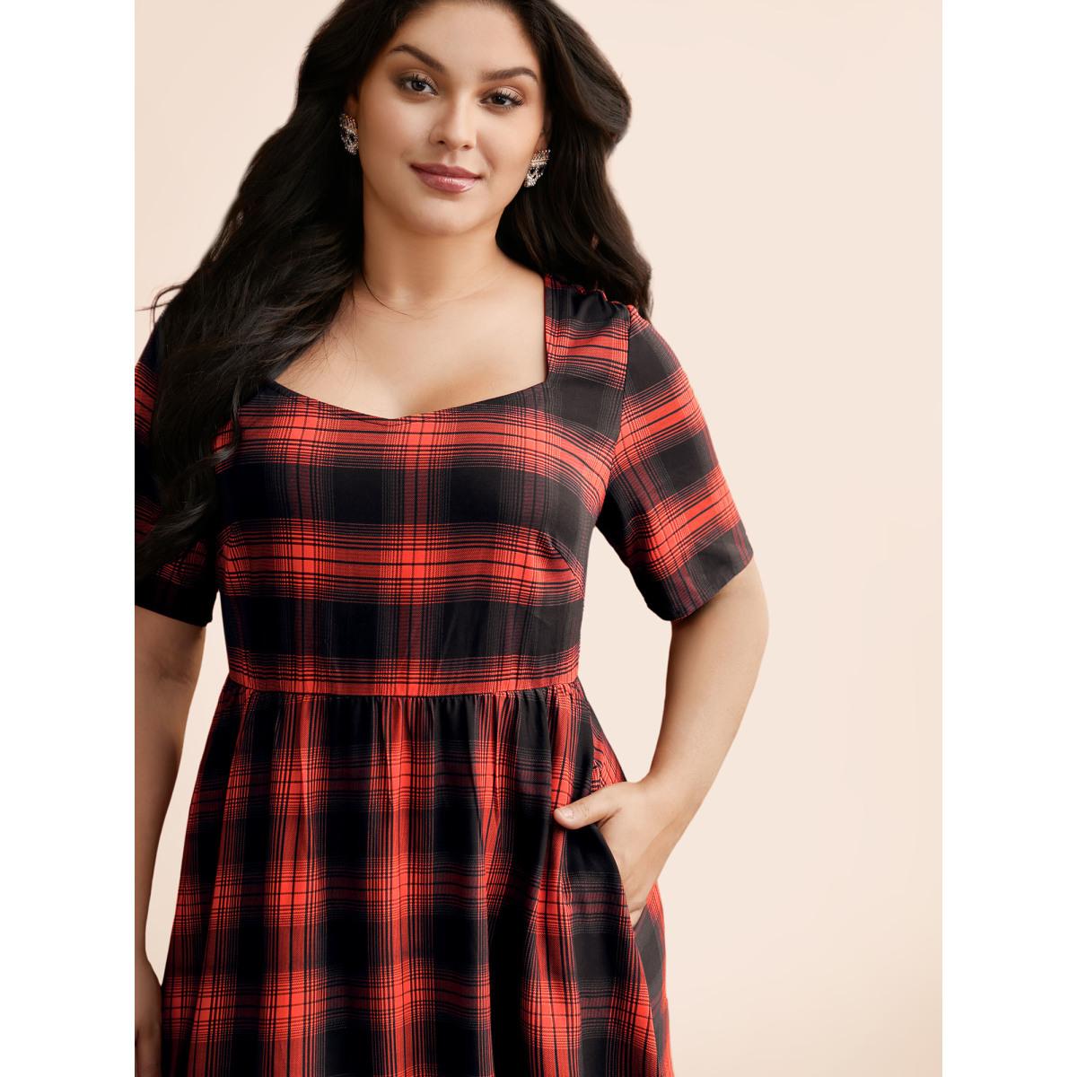 Plus Size Stretchy Plaid Contrast Splicing Midi Dress Black Women Cocktail Non Party Curvy Bloomchic 10/M Product Image
