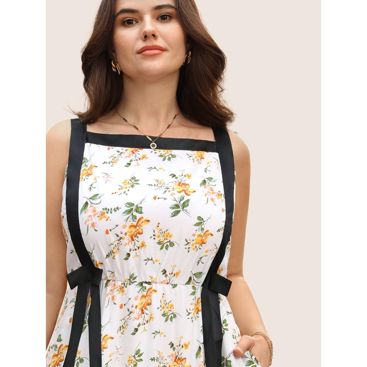 Plus Size Square Neck Contrast Trim Floral Print Dress Ivory Women Elegant Woven ribbon&lace trim Non Sleeveless Curvy BloomChic 12/L Product Image
