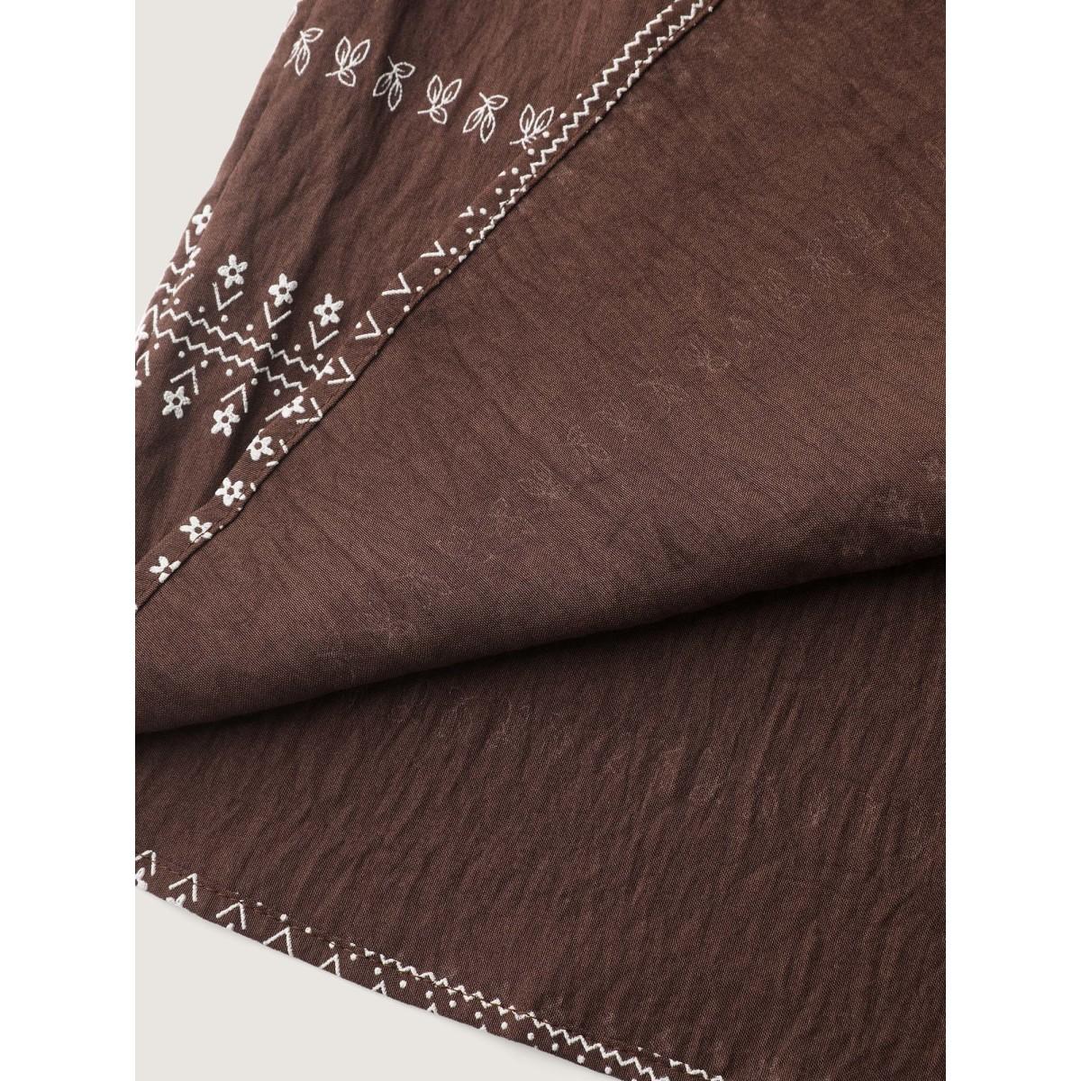 Plus Size Browncoffeecolor Floral Print Button-Front Blouse Women Boho Extra Long Sleeve Round Neck Vacation Blouses BloomChic 30/6X Product Image