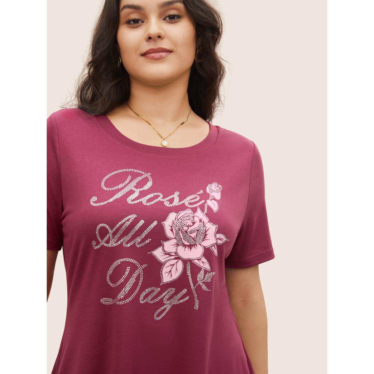 Plus Size Natural Flowers Rhinestone Round Neck T-shirt RedViolet Women Elegant Natural Flowers Everyday T-shirts BloomChic 10/M Product Image