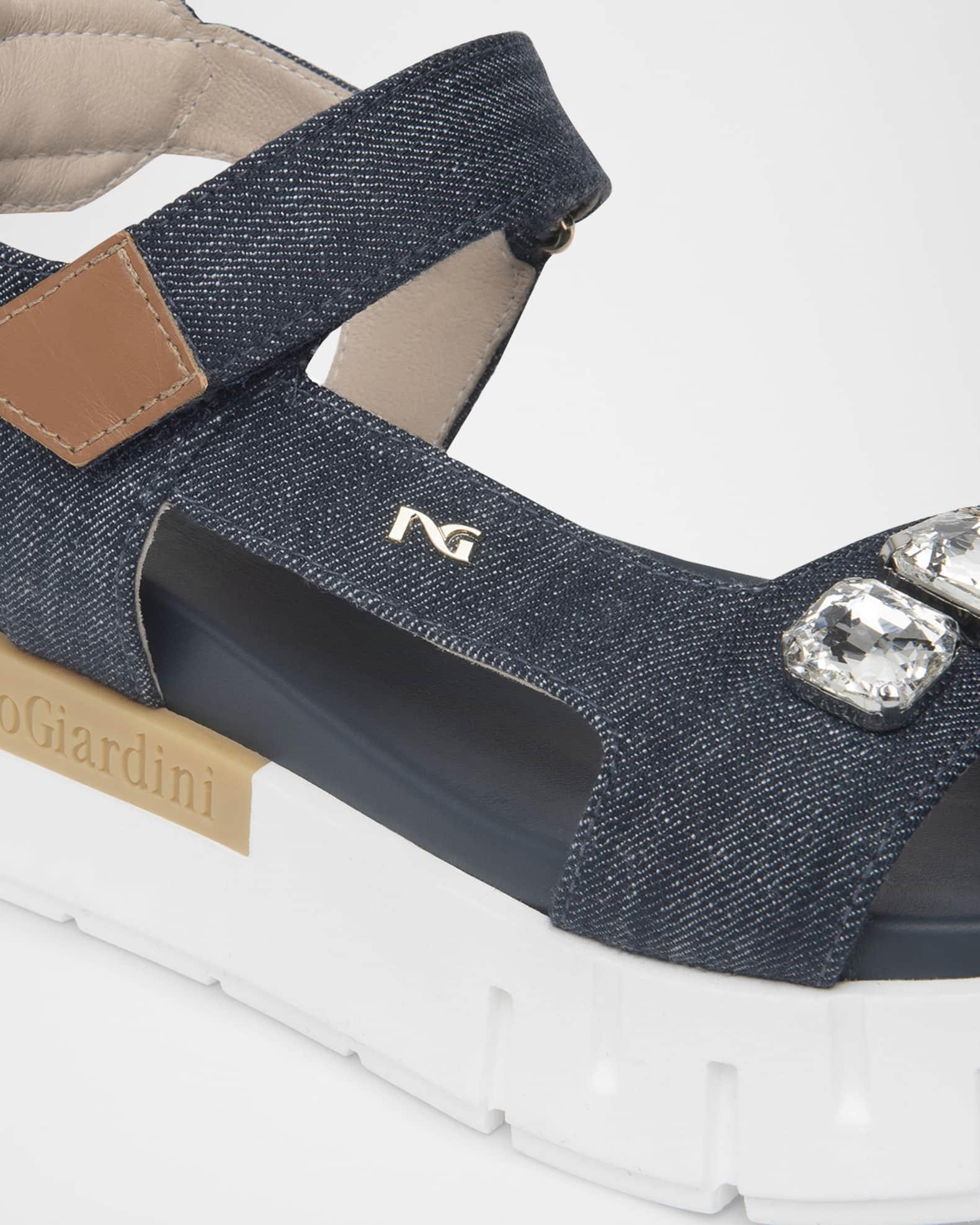 Stone Embellished Denim and Leather Sandals Product Image