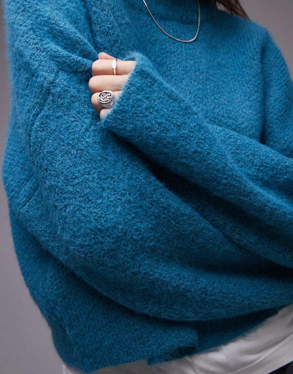 Topshop knitted fluffy relaxed ultimate sweater in blue Product Image