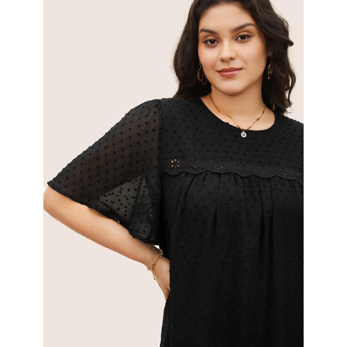 Plus Size Black Solid Texture Lace Trim See Through Gathered Blouse Women Elegant Short sleeve Round Neck Everyday Blouses BloomChic 12/L Product Image