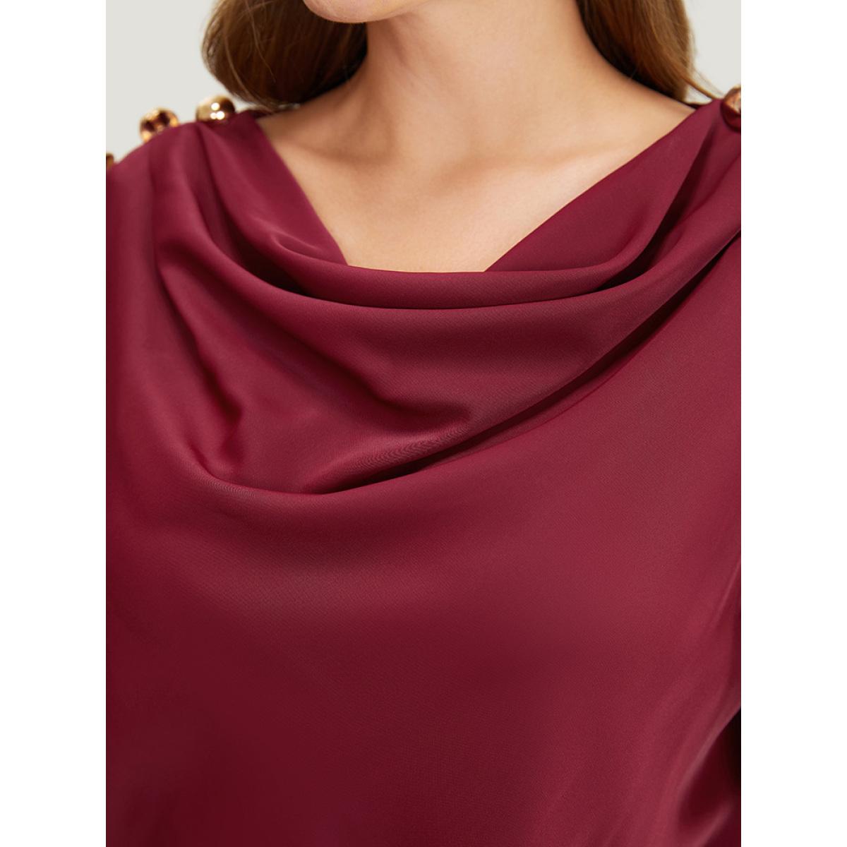Plus Size Scarlet Plain Cowl Neck Button Detail Flutter Sleeve Blouse Women Office Short sleeve Cowl Neck Office Blouses BloomChic 12/L Product Image