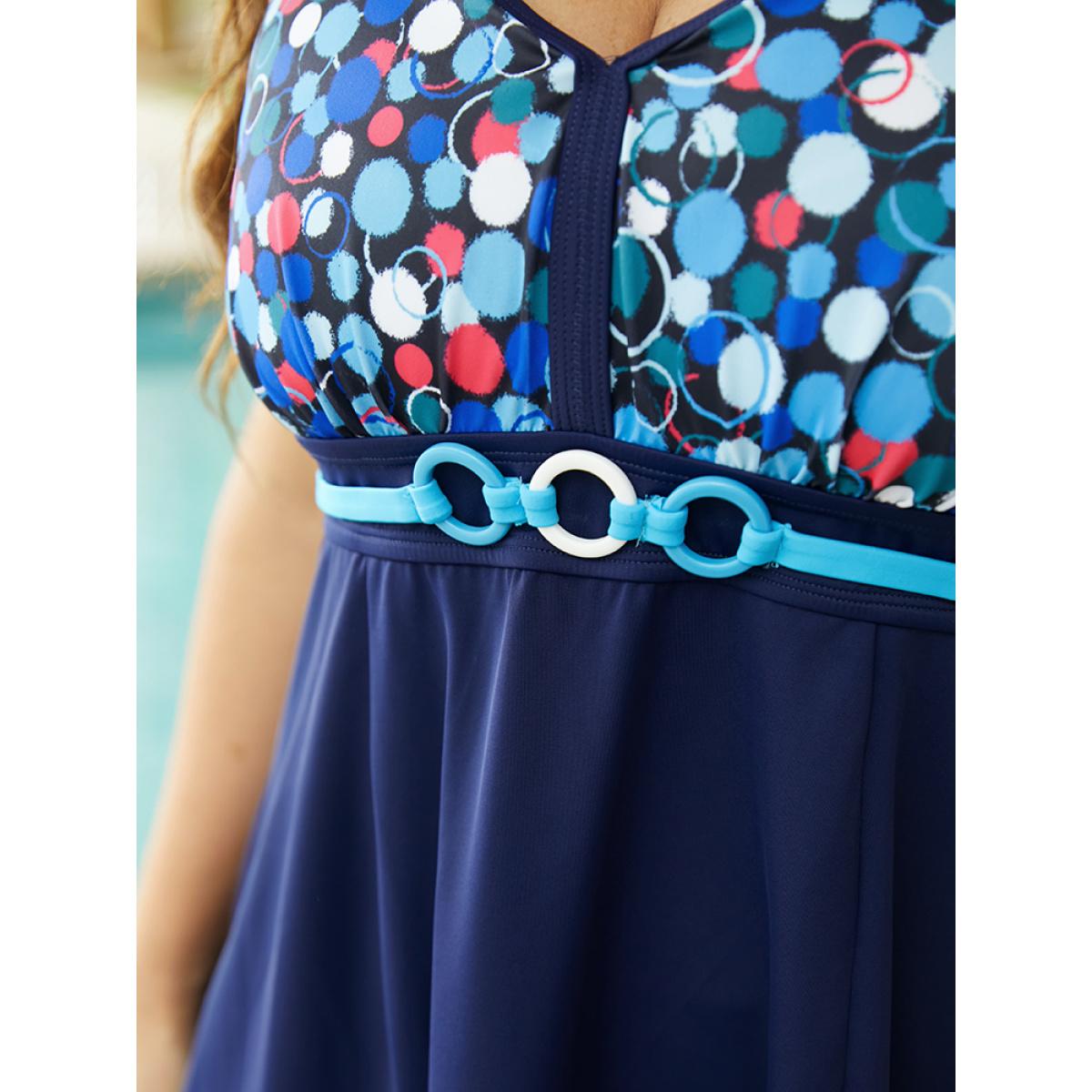 Plus Size Polka Dot Contrast O Ring Detail Swim Dress Women's Swimwear Indigo Vacation Bodycon V-neck High stretch Curve Swim Dresses BloomChic 10/M Product Image