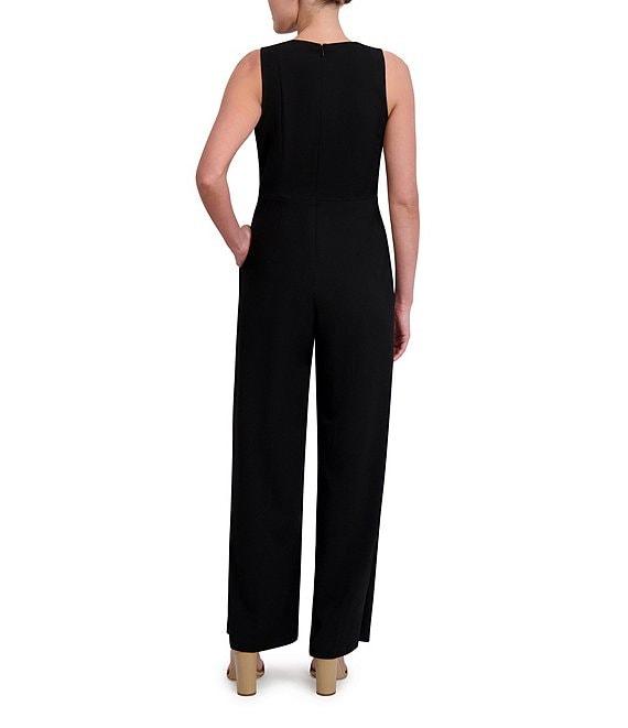 Anne Klein V-Neck Sleeveless Side Ruched Straight Leg Crepe Jumpsuit Product Image