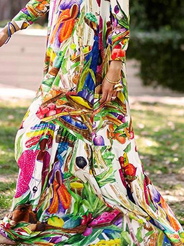 Long Sleeves Loose Asymmetric Printed Split-Joint Lapel Maxi Dresses Shirt Dress Product Image