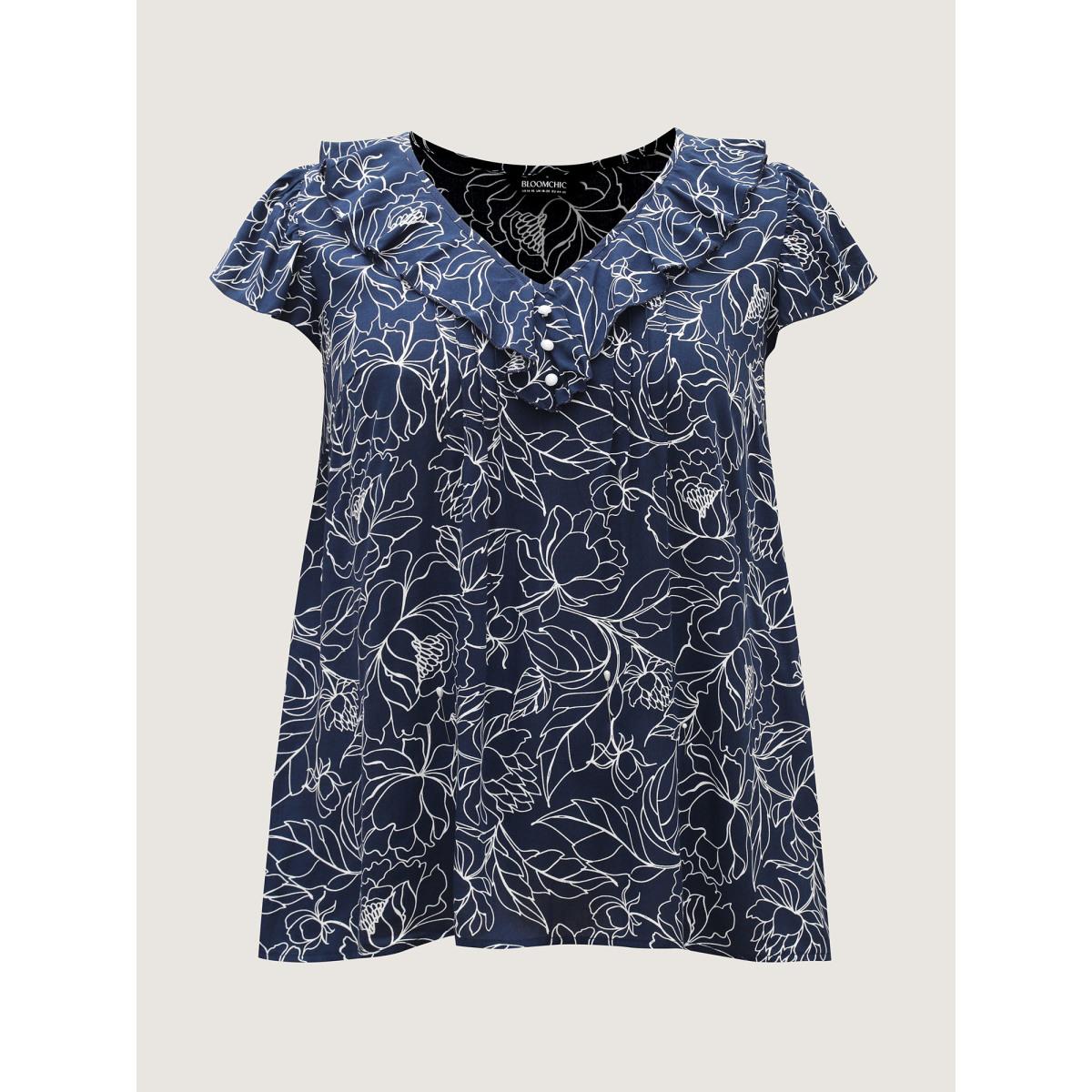 Plus Size DarkBlue Floral Abstract Print Ruffled Blouse Women Timeless Short sleeve V-neck Elegant Blouses BloomChic 30/6X Product Image