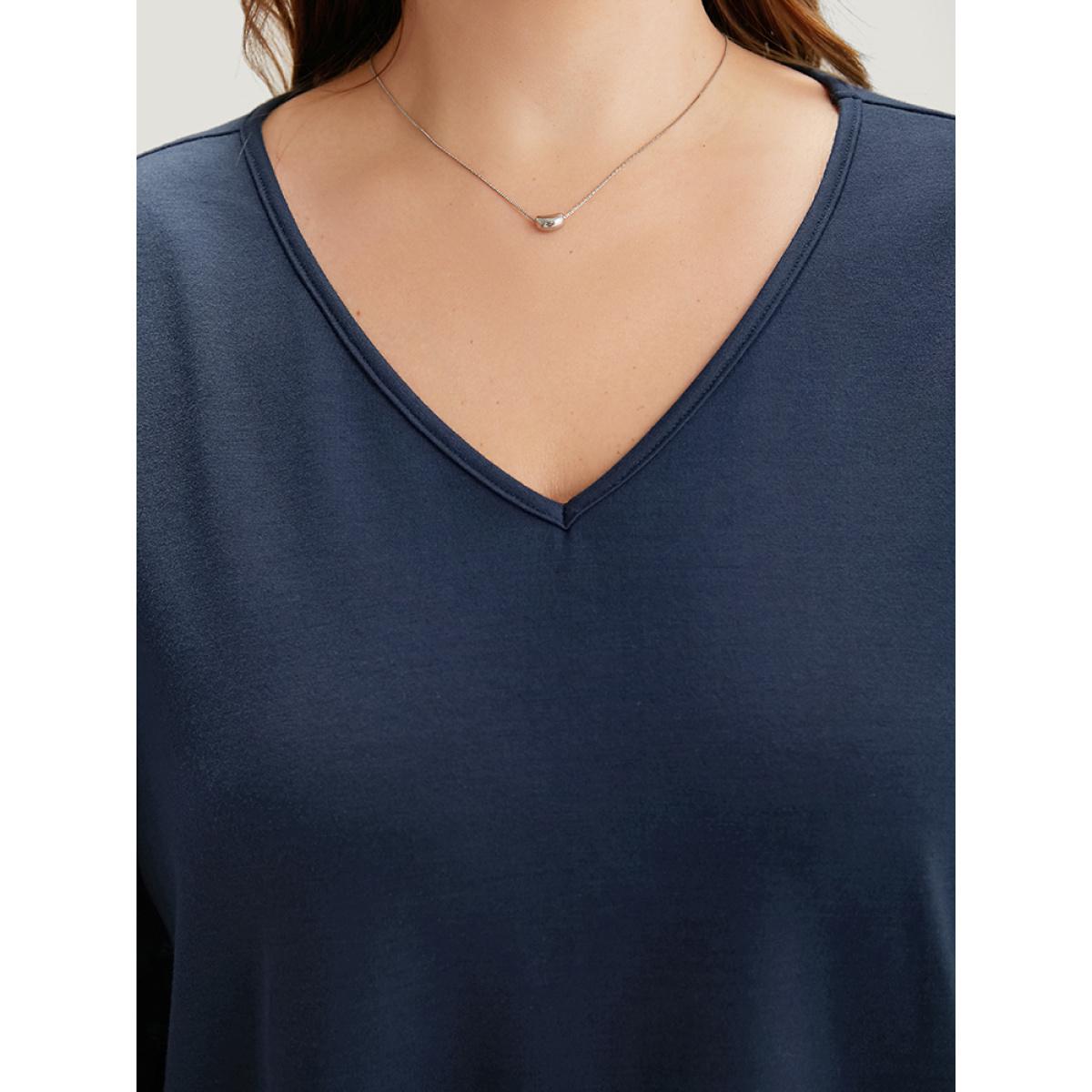 Plus Size Solid V Neck Patchwork Elastic Cuffs Sweatshirt Women Blue Elegant Elastic cuffs V-neck Dailywear Sweatshirts BloomChic 18-20/2X Product Image