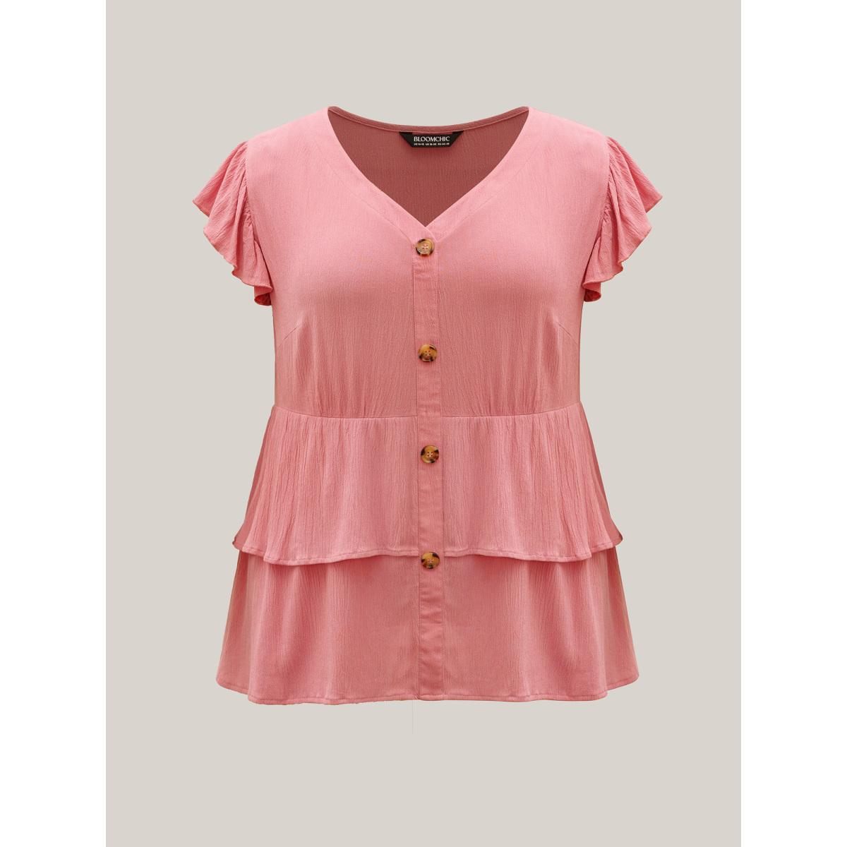 Plus Size Watermelon Rayon Ruffled Layered Hem Button Blouse Women Cap Sleeve V-neck Elegant Blouses BloomChic 26/4X Product Image