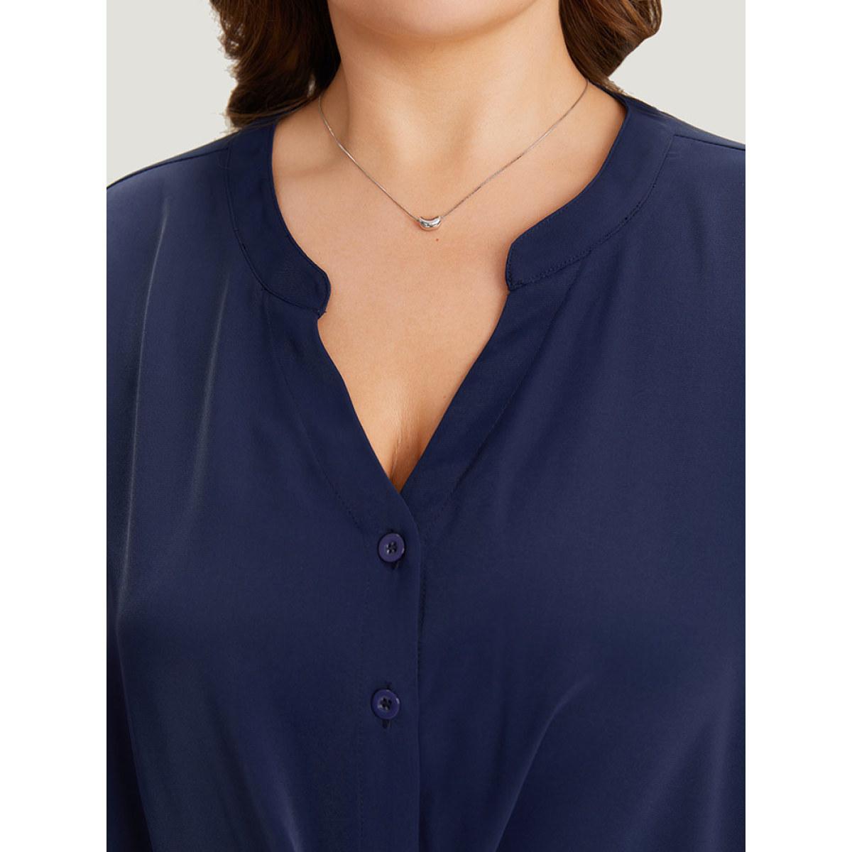 Plus Size Indigo Solid Button Up Notched Crossover Hem Blouse Women Office Elbow-length sleeve Notched collar Work Blouses BloomChic 14-16/1X Product Image