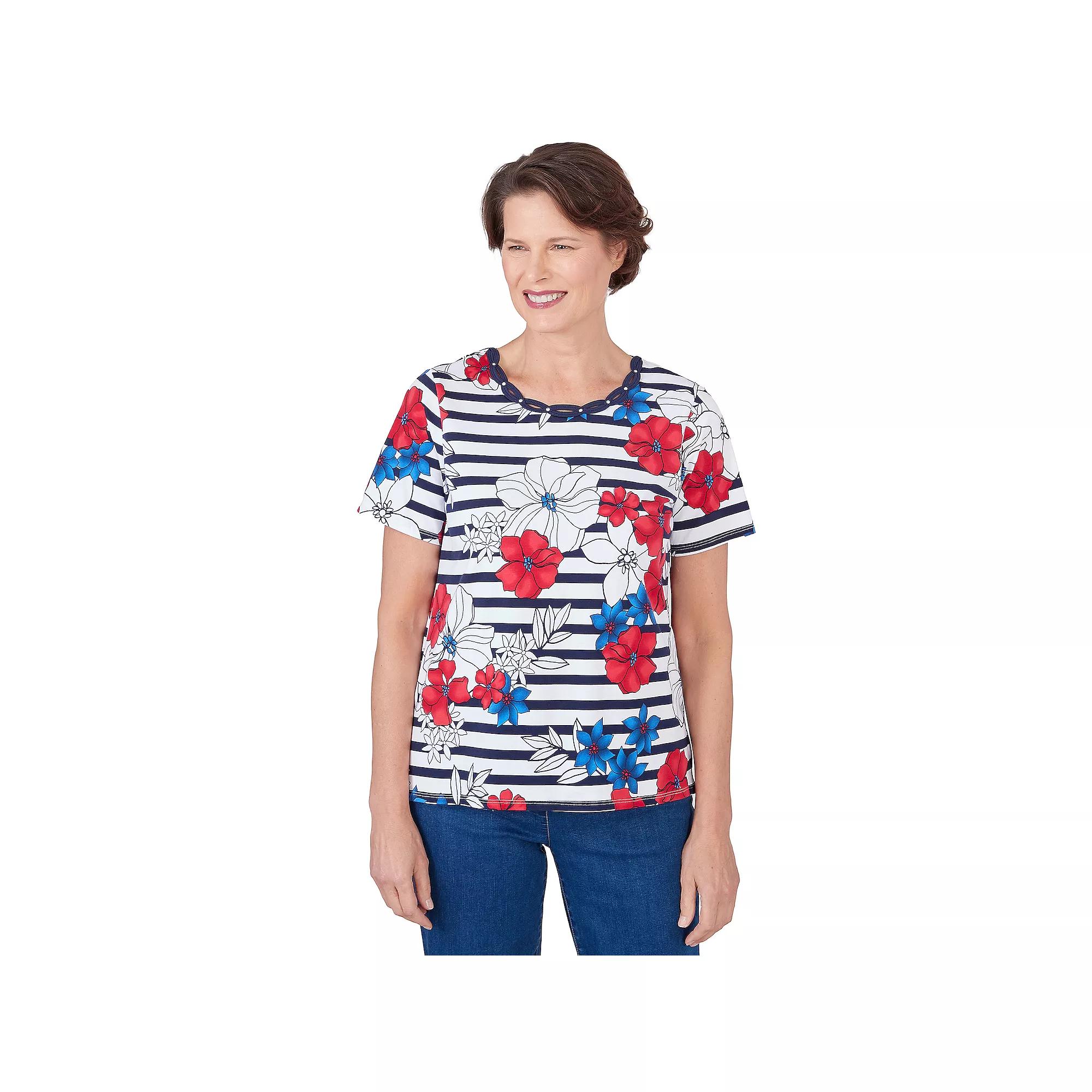 Women's Alfred Dunner Floral Stripe Braided Neck T-Shirt,  Product Image