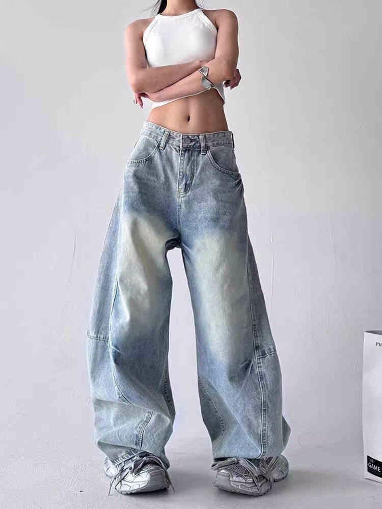 Mid Rise Washed Barrel Baggy Jeans Product Image