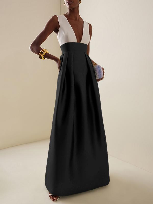 A-Line High Waisted Contrast Color Pleated Zipper Deep V-Neck Maxi Dresses Product Image