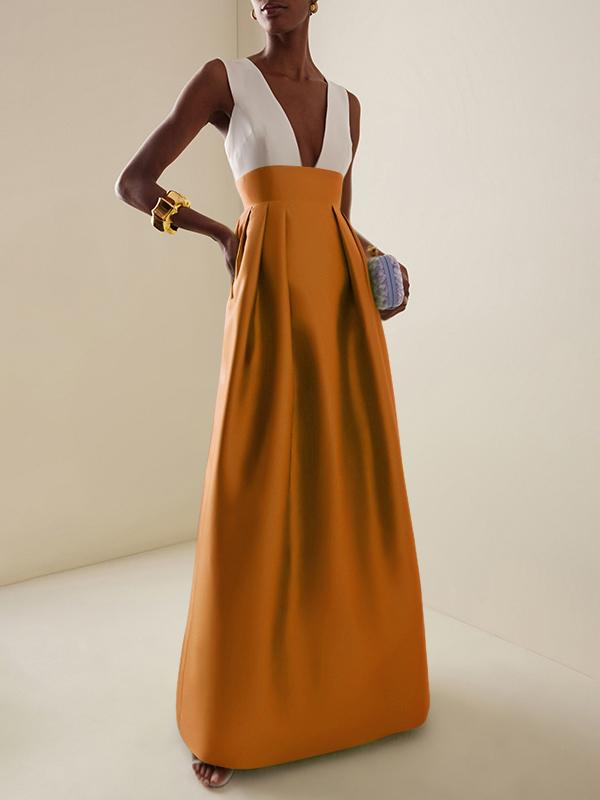 A-Line High Waisted Contrast Color Pleated Zipper Deep V-Neck Maxi Dresses Product Image
