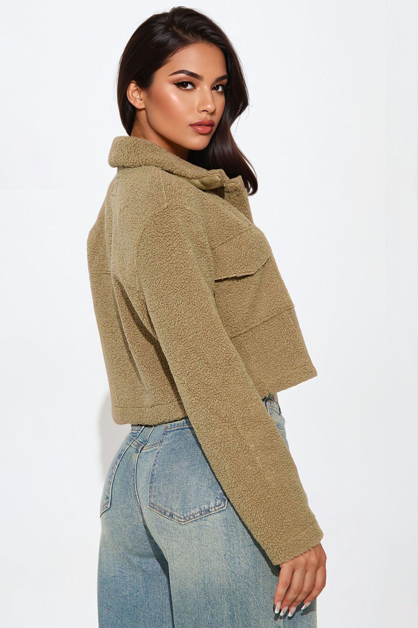 Cutesie Cozy Boxy Sherpa Jacket - Olive Product Image