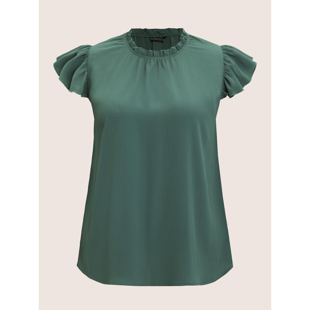 Plus Size Mint Plain Mock Neck Cap Sleeve Ruffle Trim Blouse Women Timeless Short sleeve Mock Neck Elegant Blouses BloomChic 26/4X Product Image