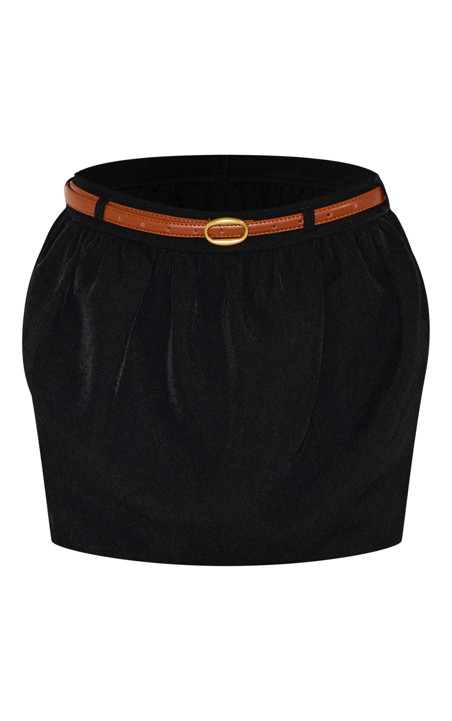 Black Woven Belted Tulip Mini Skirt Product Image