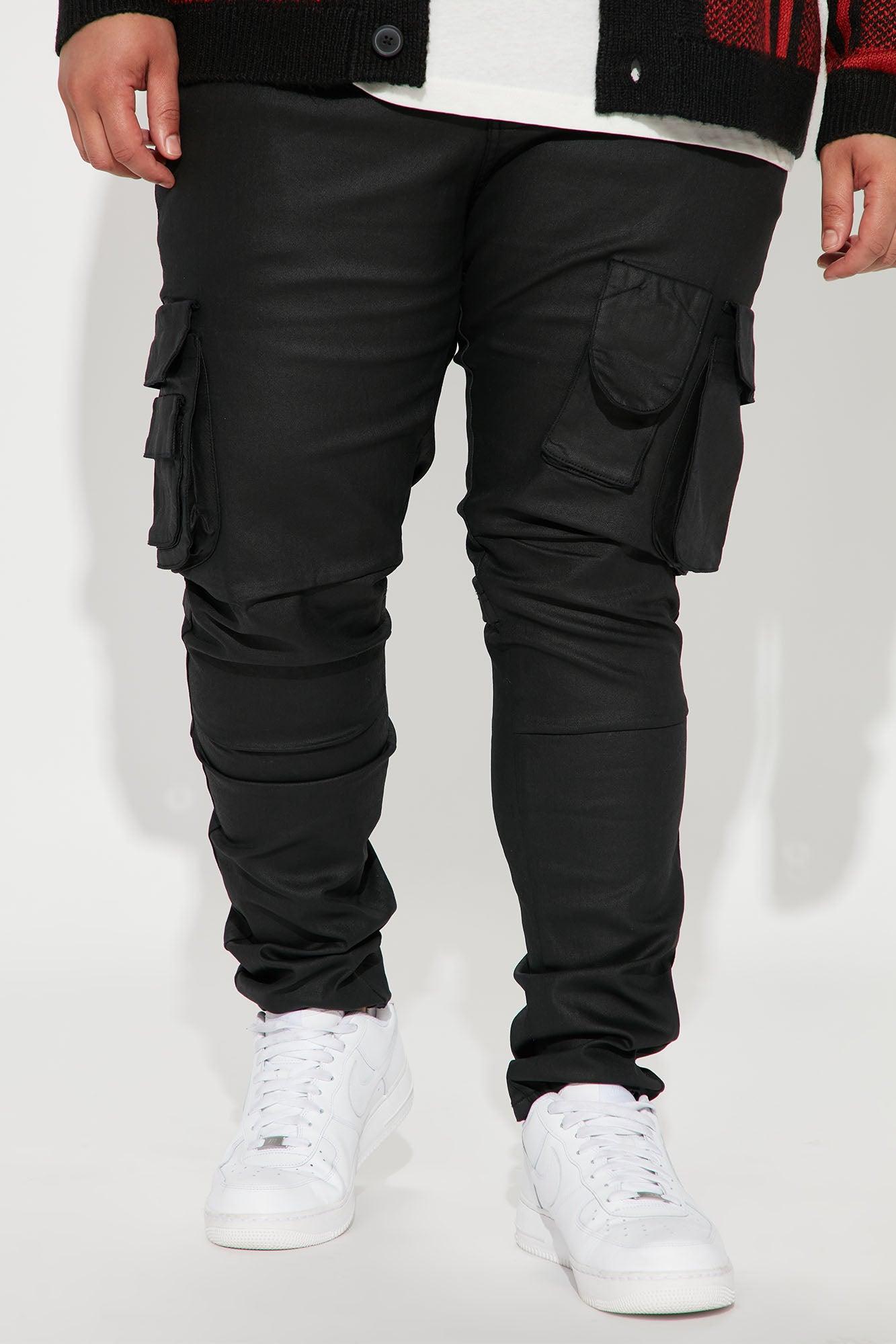 Flap Pockets Waxed Stacked Skinny Cargo Jeans - Black Product Image