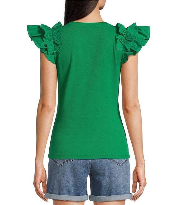 Gibson & Latimer Ribbed Knit Crew Neck Contrasting Poplin Ruffled Short Sleeve Top Product Image