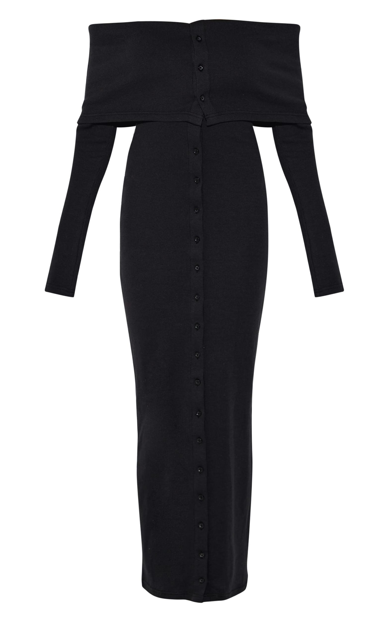 Black Rib Fold Over Bardot Button Maxi Dress Product Image