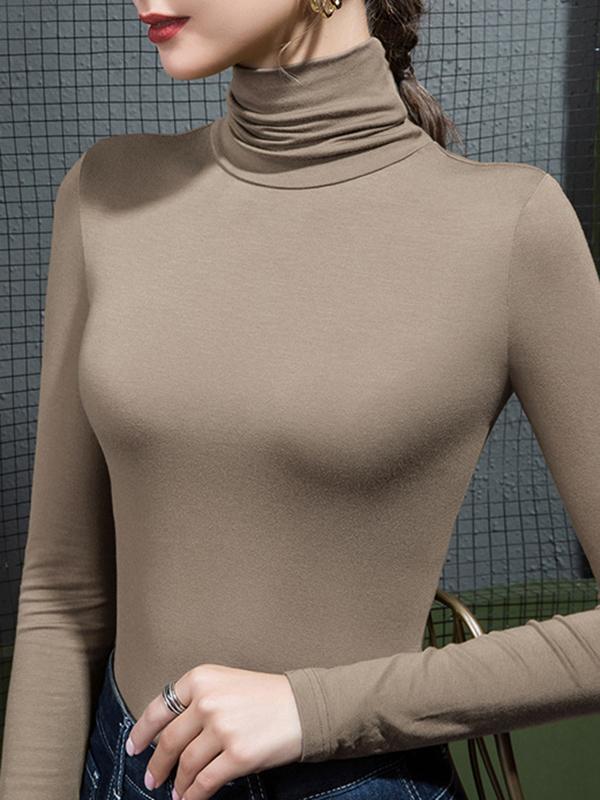 Long Sleeves Plus Size Solid Color Split-Joint High Neck T-Shirts Product Image