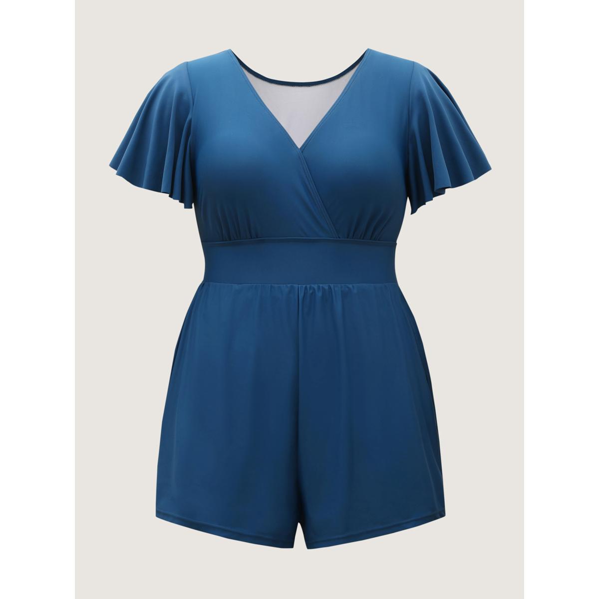 Plus Size Cinched Waist Ruffled Sleeve Swim Romper Women's Swimwear Aegean Beach Curve Bathing Suits High stretch One Pieces BloomChic 18-20/2X Product Image