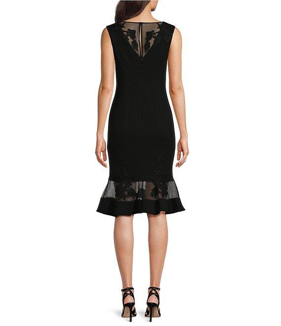 Aidan Mattox Stretch V-Neck Cap Sleeve Flounce Floral Mesh Insert Sheath Dress Product Image