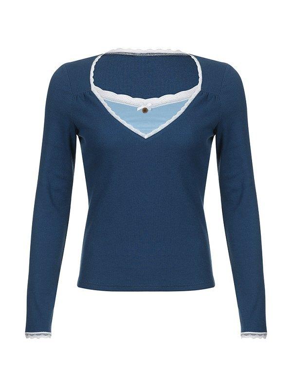 Lace Trim Patchwork Long Sleeve Knit Top Product Image