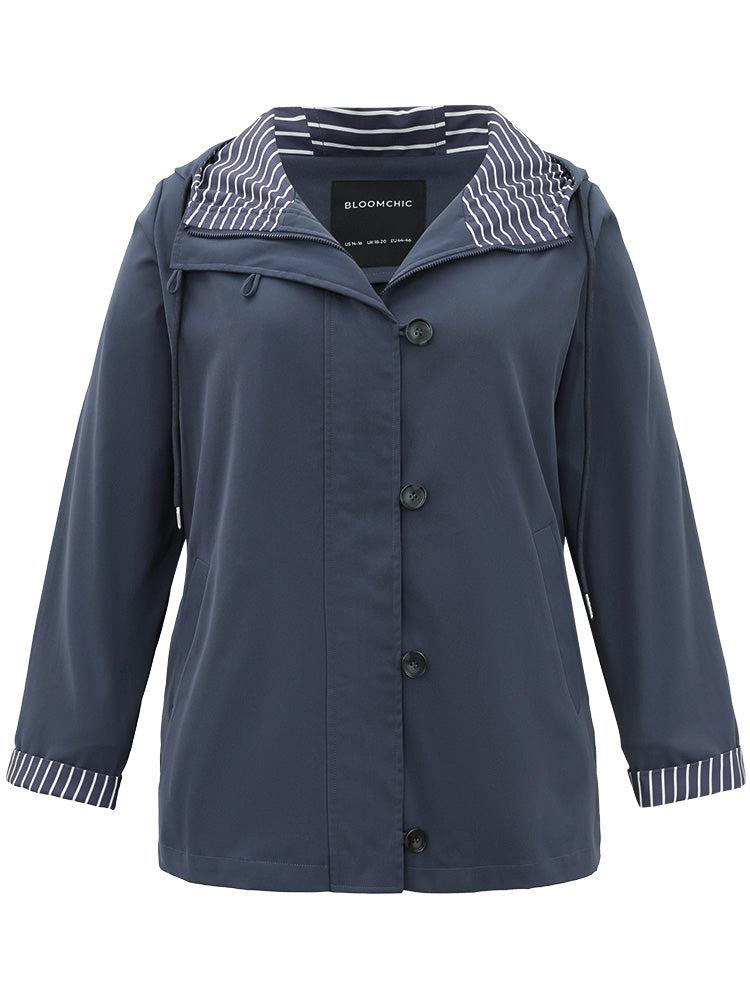 Striped Patchwork Zipper Pocket Drawstring Coat Female Product Image