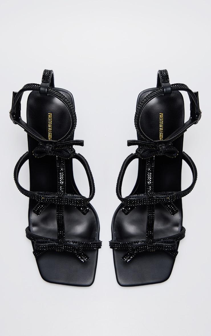 Black PU Square Toe Diamante Bow Heeled Sandals Product Image